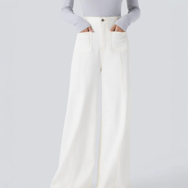 High Waisted Pockets Washed Casual Wide Leg Jeans