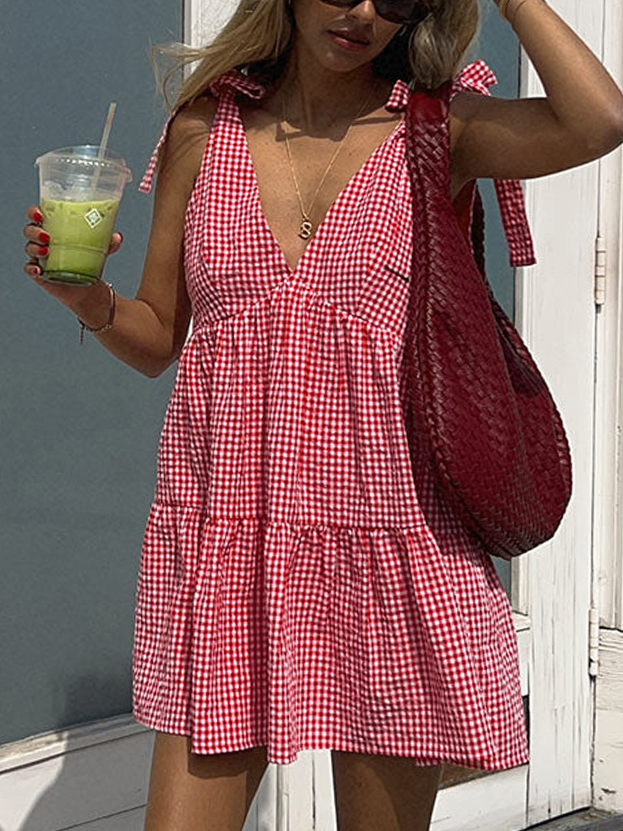 Women's Plaid Print Bow Decor Tie Shoulder Dress