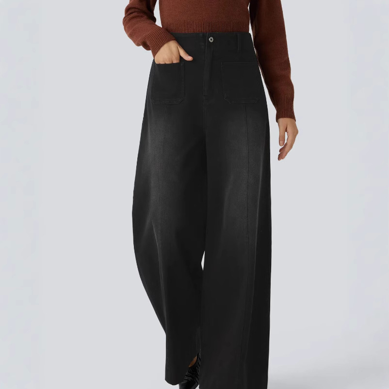 High Waisted Pockets Washed Casual Wide Leg Jeans