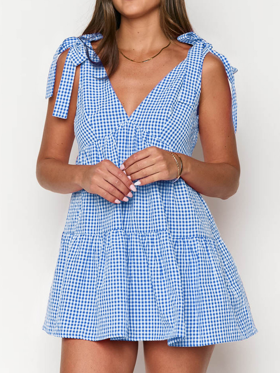 Women's Plaid Print Bow Decor Tie Shoulder Dress