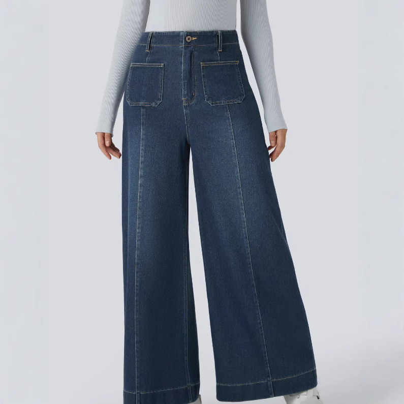High Waisted Pockets Washed Casual Wide Leg Jeans