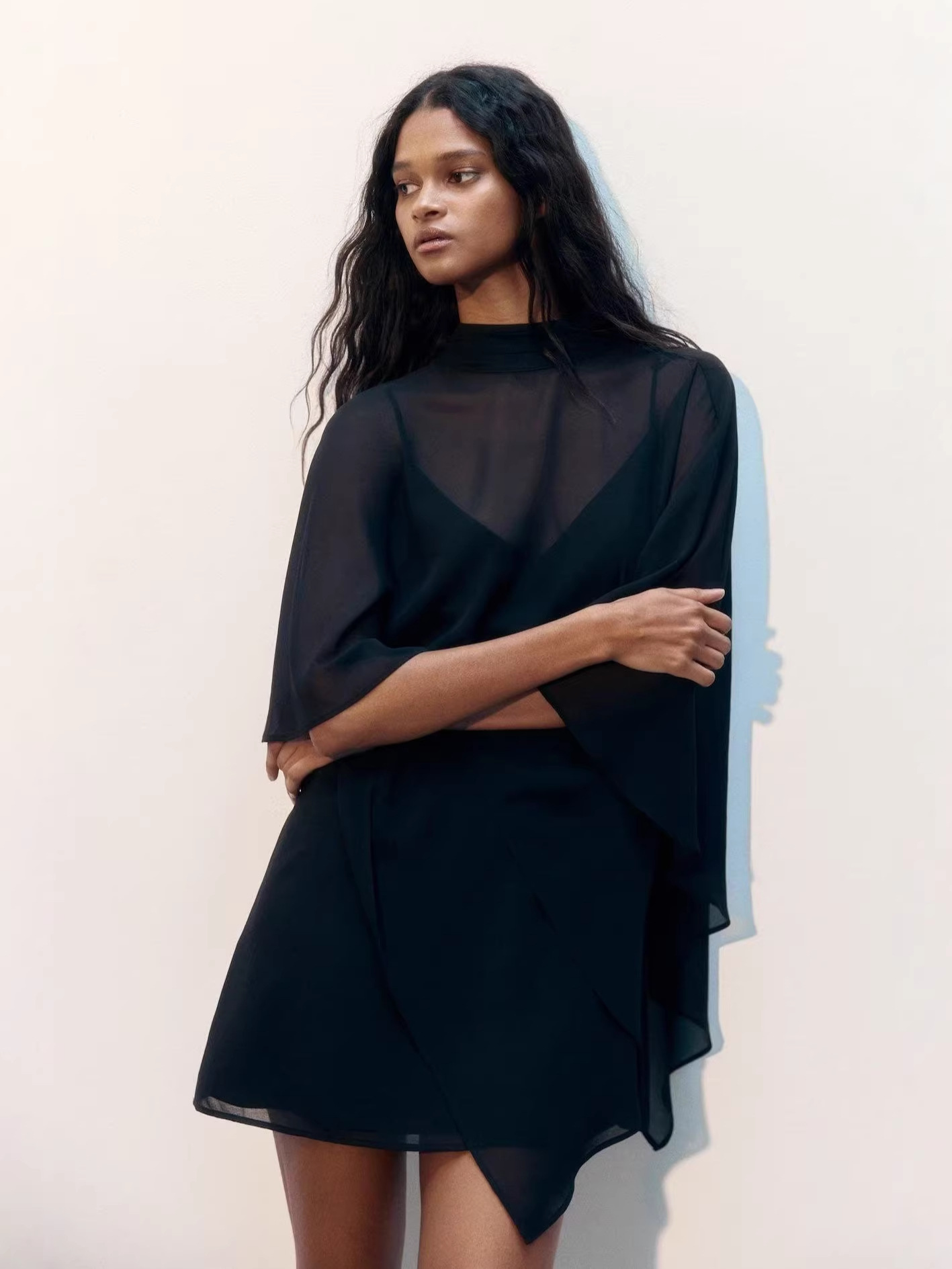 Sexy loose cape blazer with a stand-up collar and a shawl-style top + halter dress