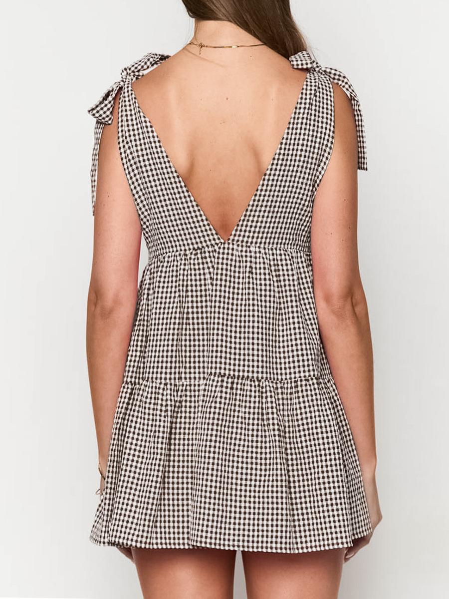 Women's Plaid Print Bow Decor Tie Shoulder Dress