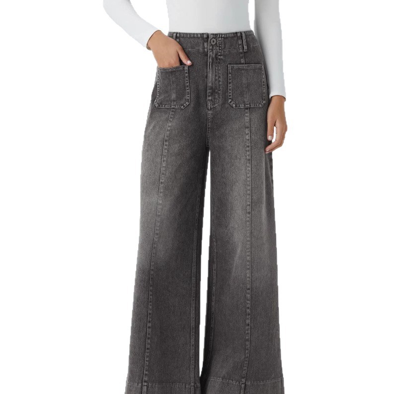 High Waisted Pockets Washed Casual Wide Leg Jeans
