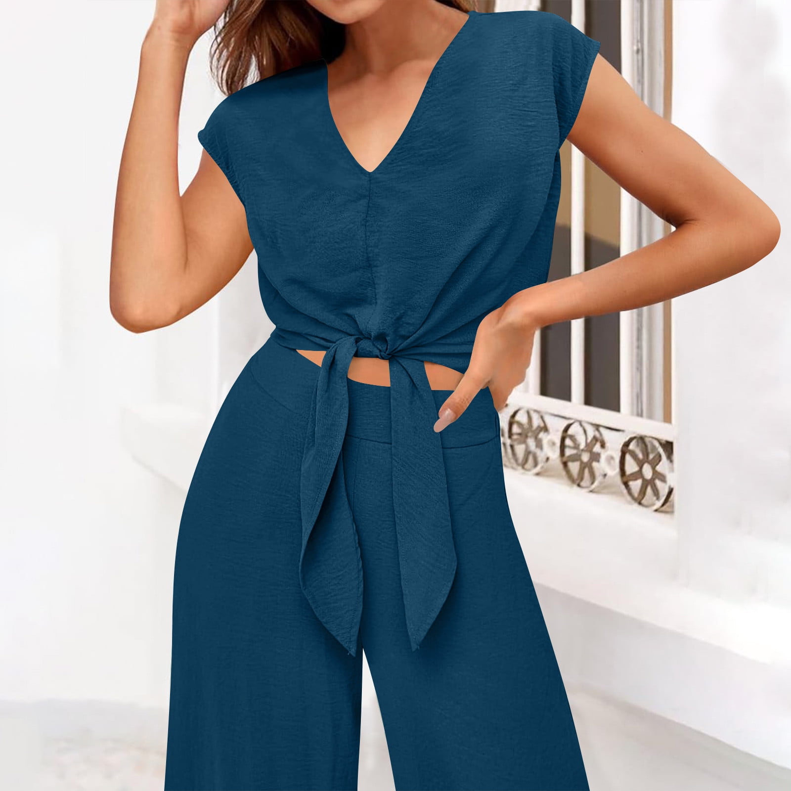 Homenesgenics 2 Piece Outfit for Women Plus Size Women's Casual V-Neck Long Sleeved Lace Up Exposed Navel Top Wide Leg Pants Set Brown M
