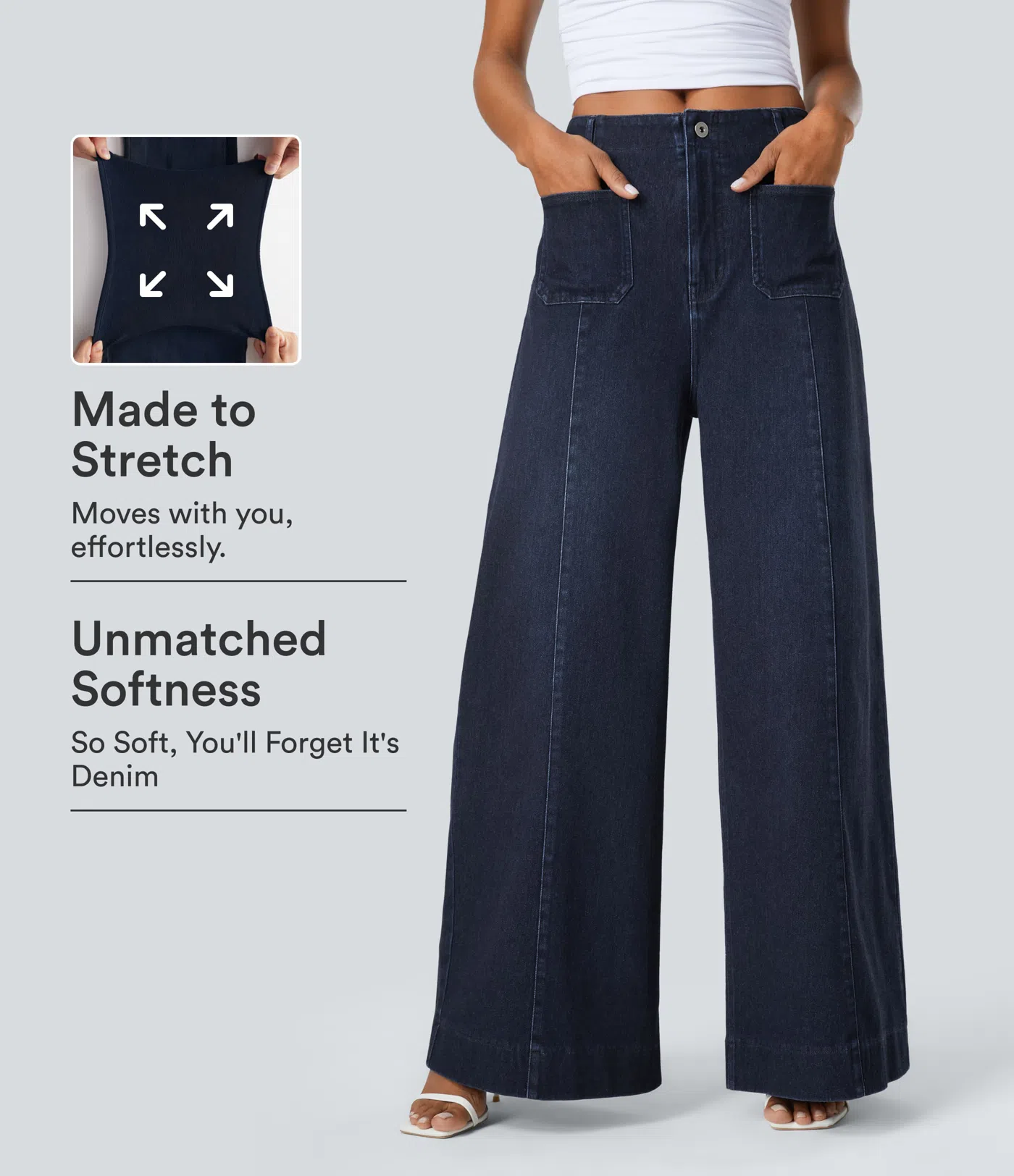 High Waisted Pockets Washed Casual Wide Leg Jeans