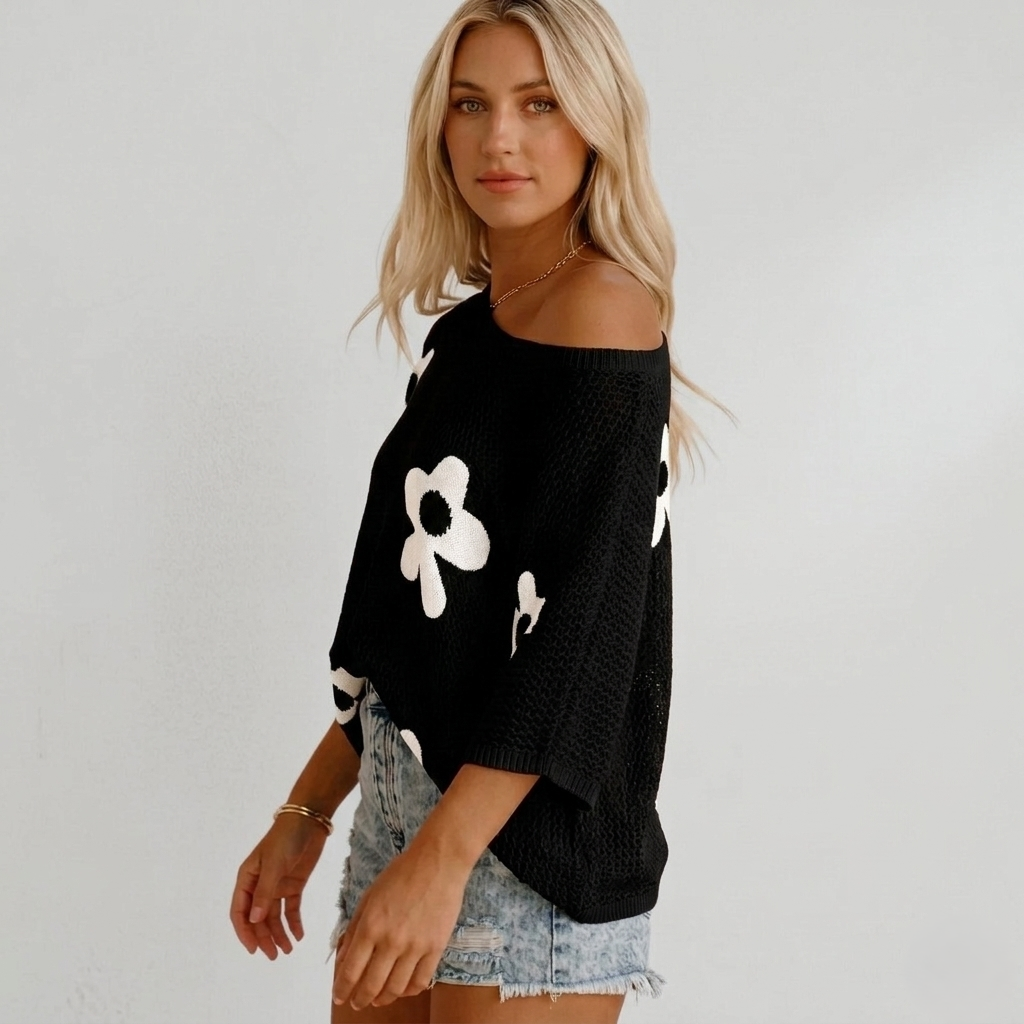 Floral Crochet Knit Open-Weave Pullover Top + 50% OFF