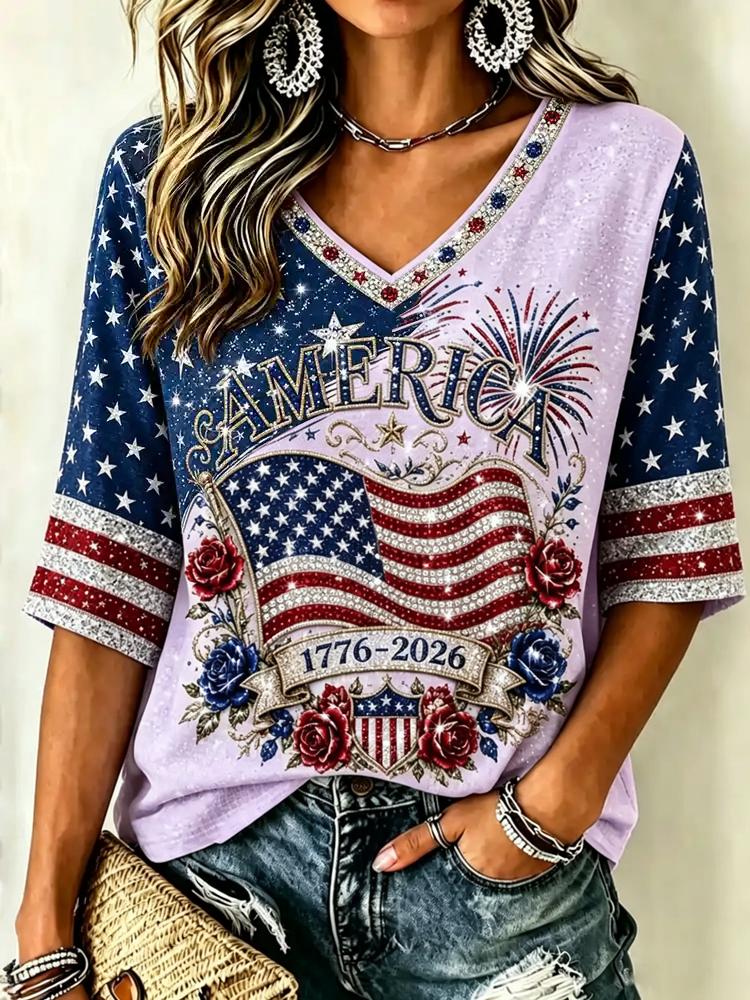 Women's Retro Independence Day Anniversary Print Cotton Linen T-shirt