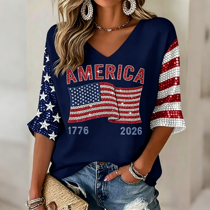 Women's Flag Art Three-quarter Sleeve V Neck Linen Tops