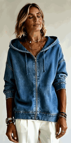 Studio animation showing the denim-look hooded jacket colors and fit