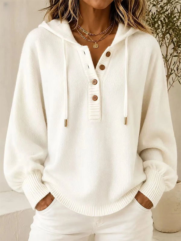White women's hooded knit pullover with button detail