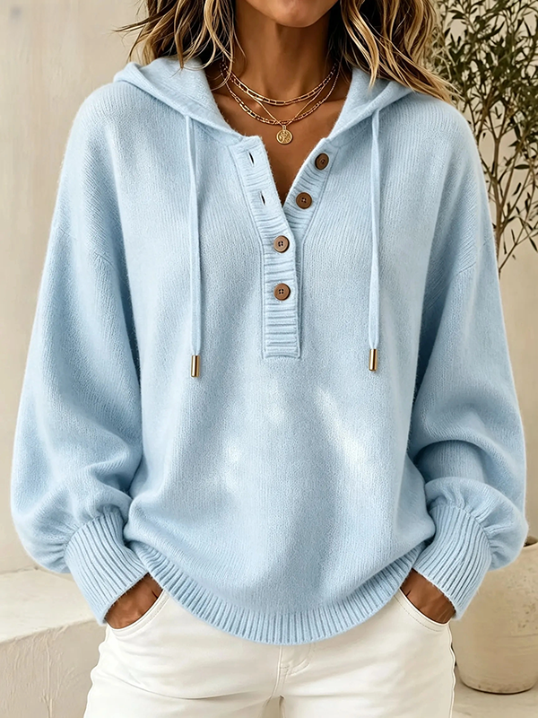 Light Blue women's hooded knit pullover with button detail