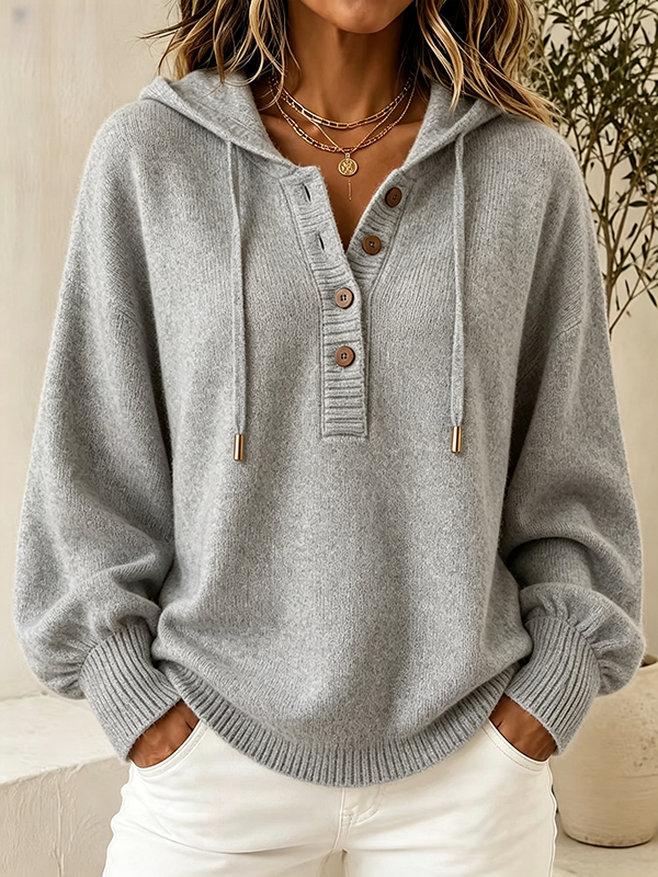 Gray women's hooded knit pullover with button detail