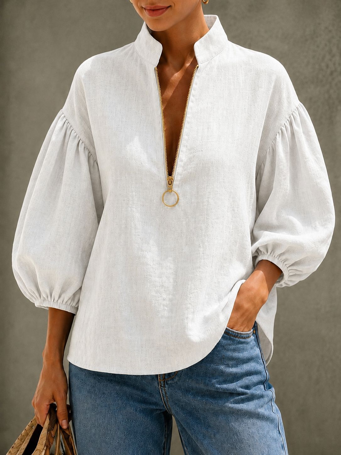 White women's V-neck puff sleeve zip blouse