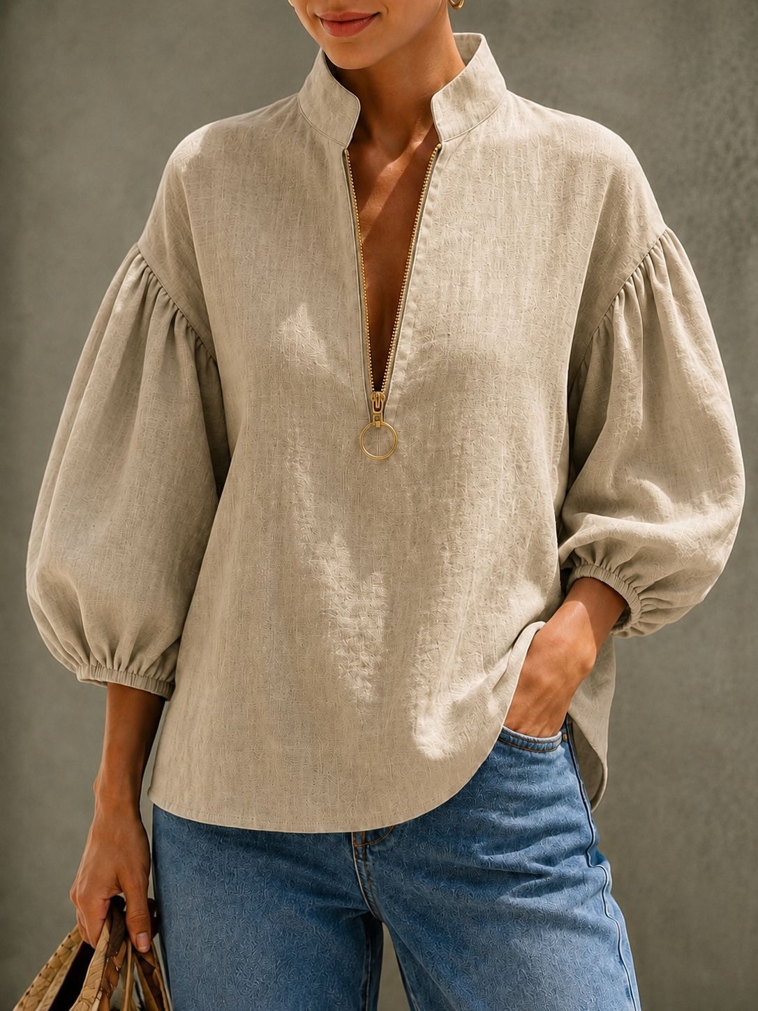 Khaki women's V-neck puff sleeve zip blouse
