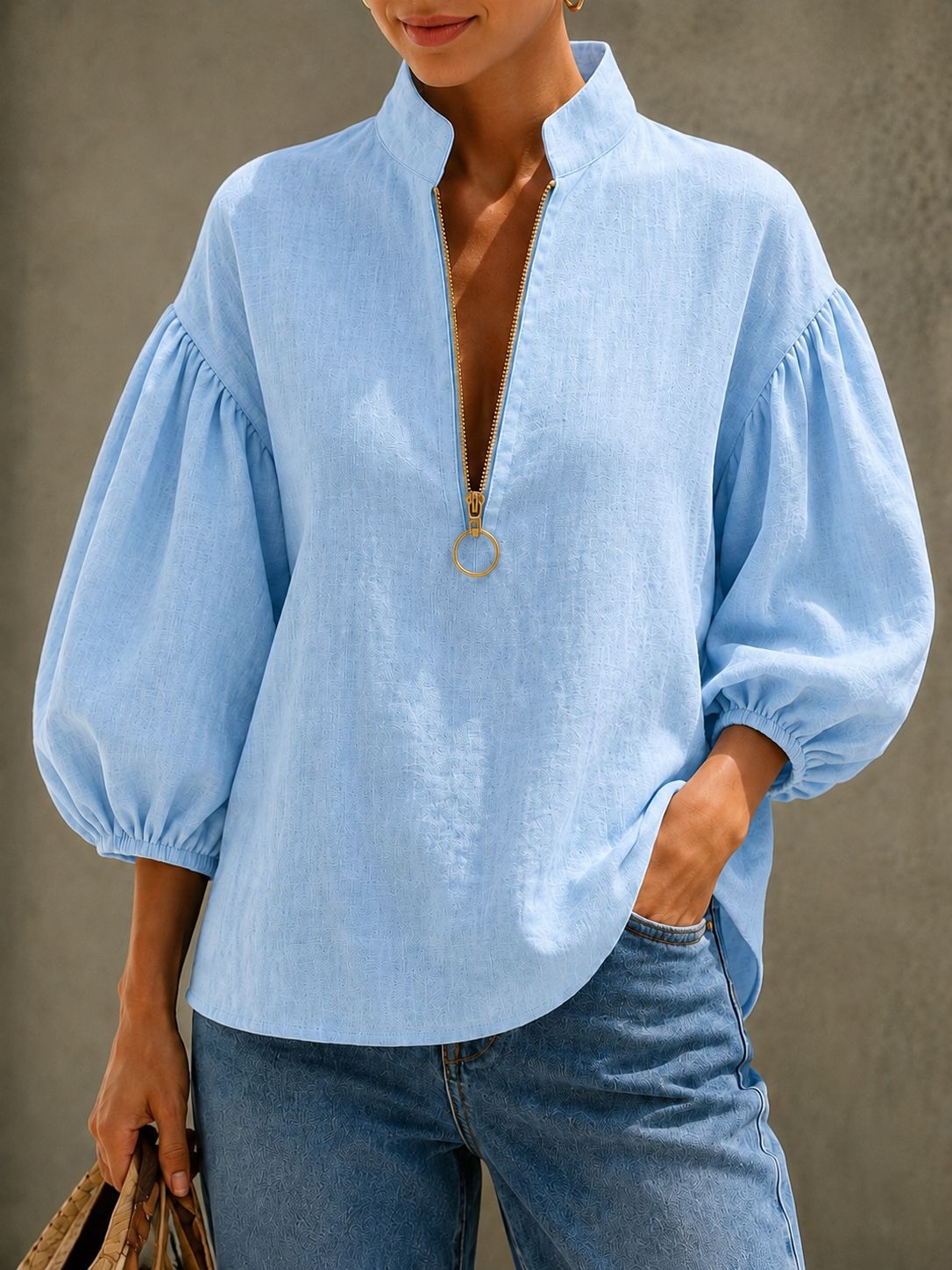 Blue women's V-neck puff sleeve zip blouse
