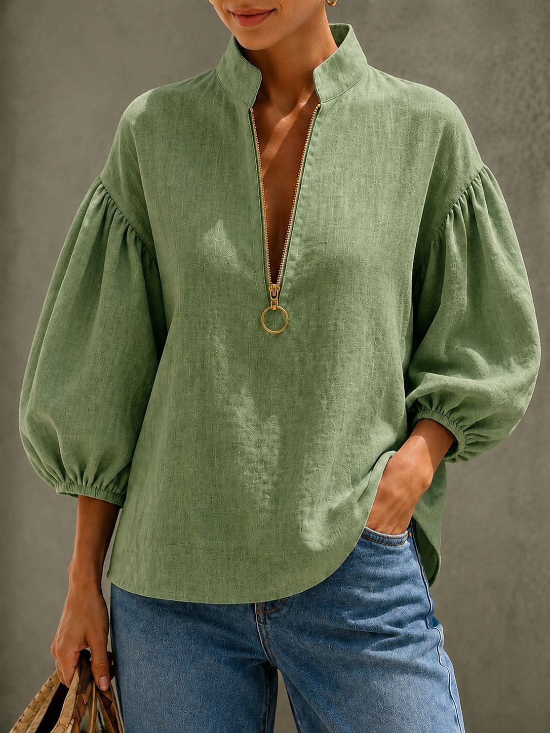 Green women's V-neck puff sleeve zip blouse