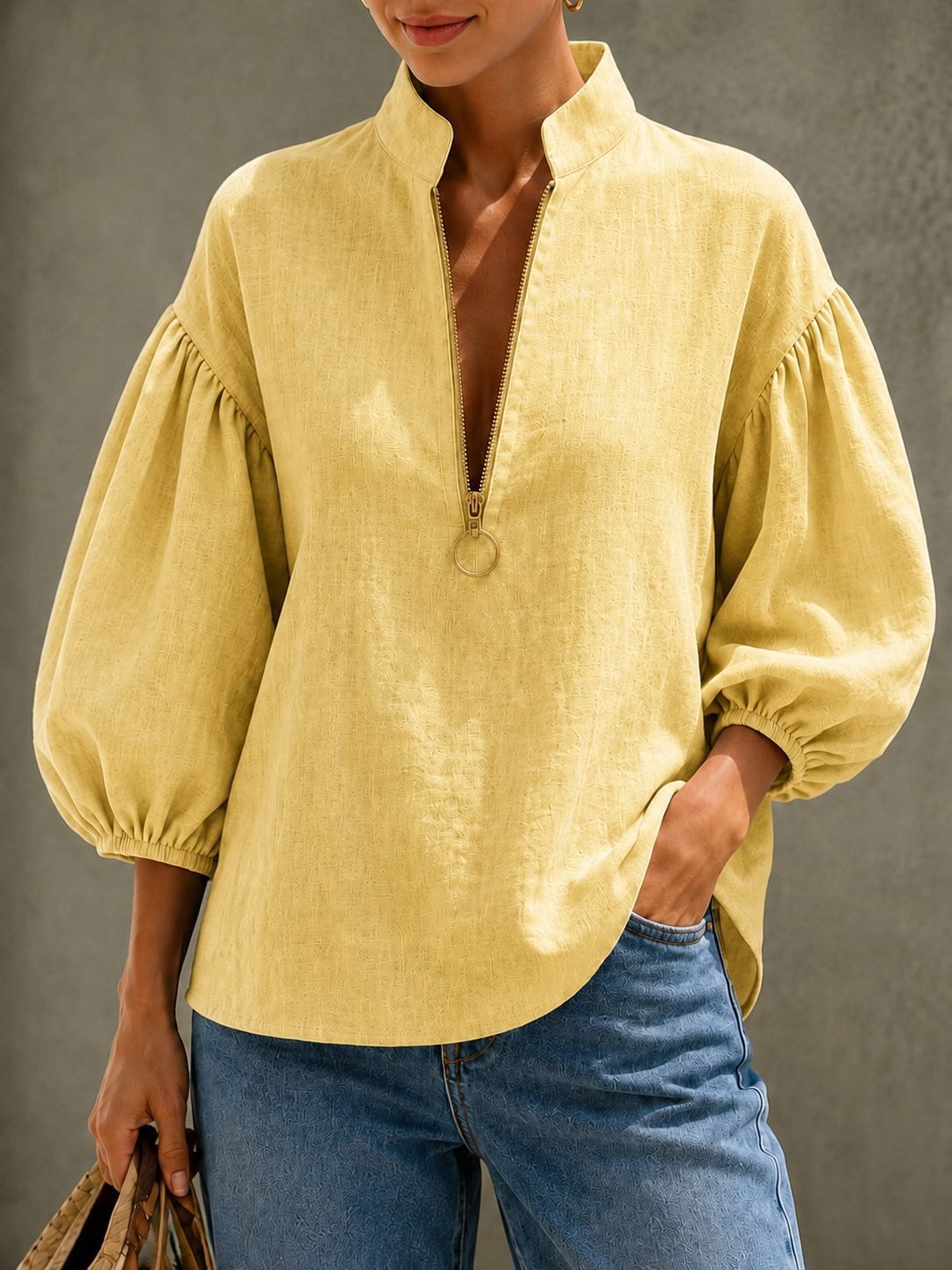 Yellow women's V-neck puff sleeve zip blouse