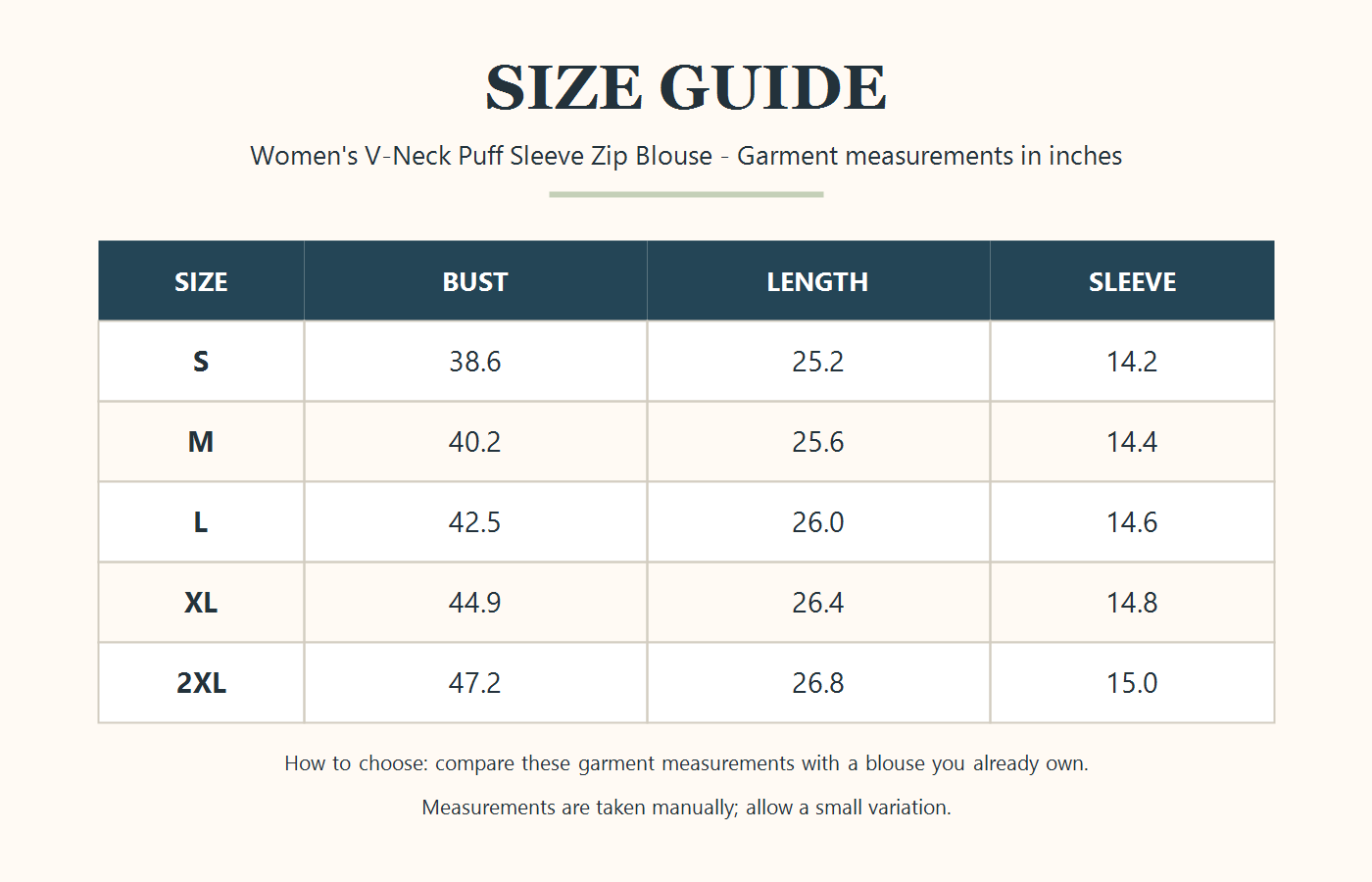 Women's puff sleeve zip blouse size guide in inches: S through 2XL