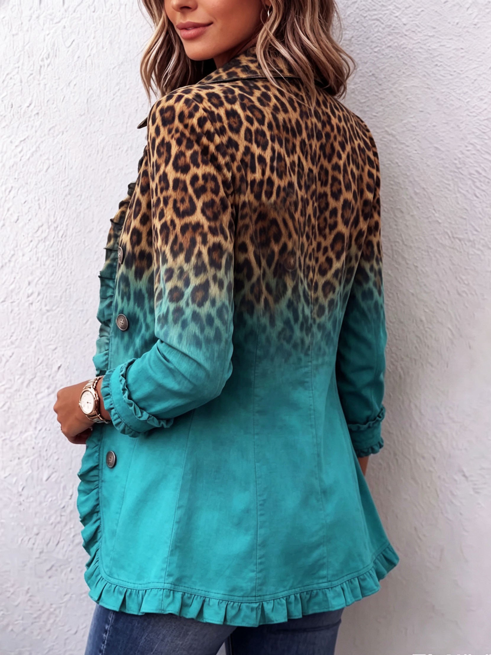 🤲LAST DAY SAVE 49% ⏰Bold Boho Leopard & Teal Ruffle Blazer Jacket
