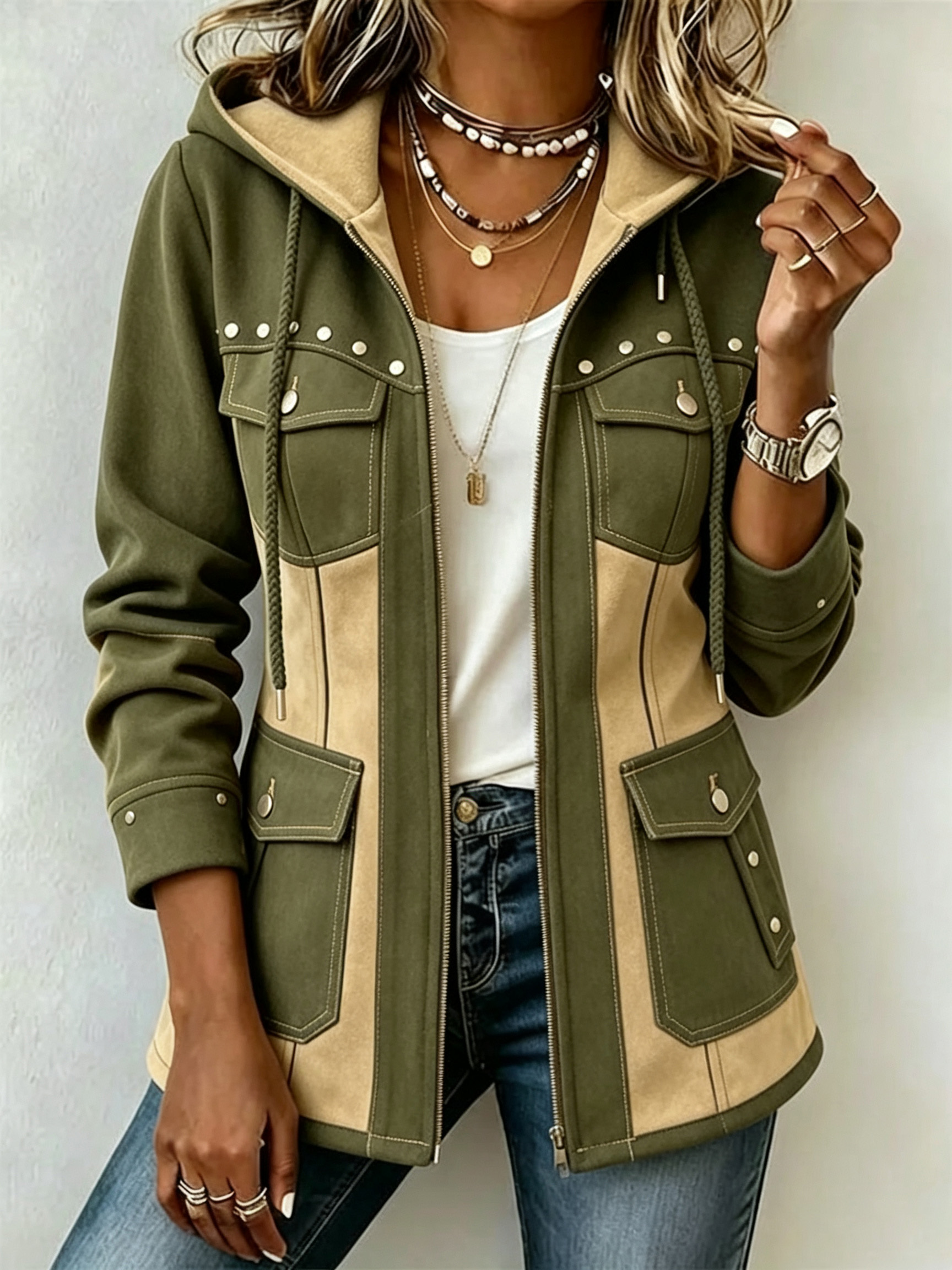 Chic Denim Patchwork Suede Hooded Jacket