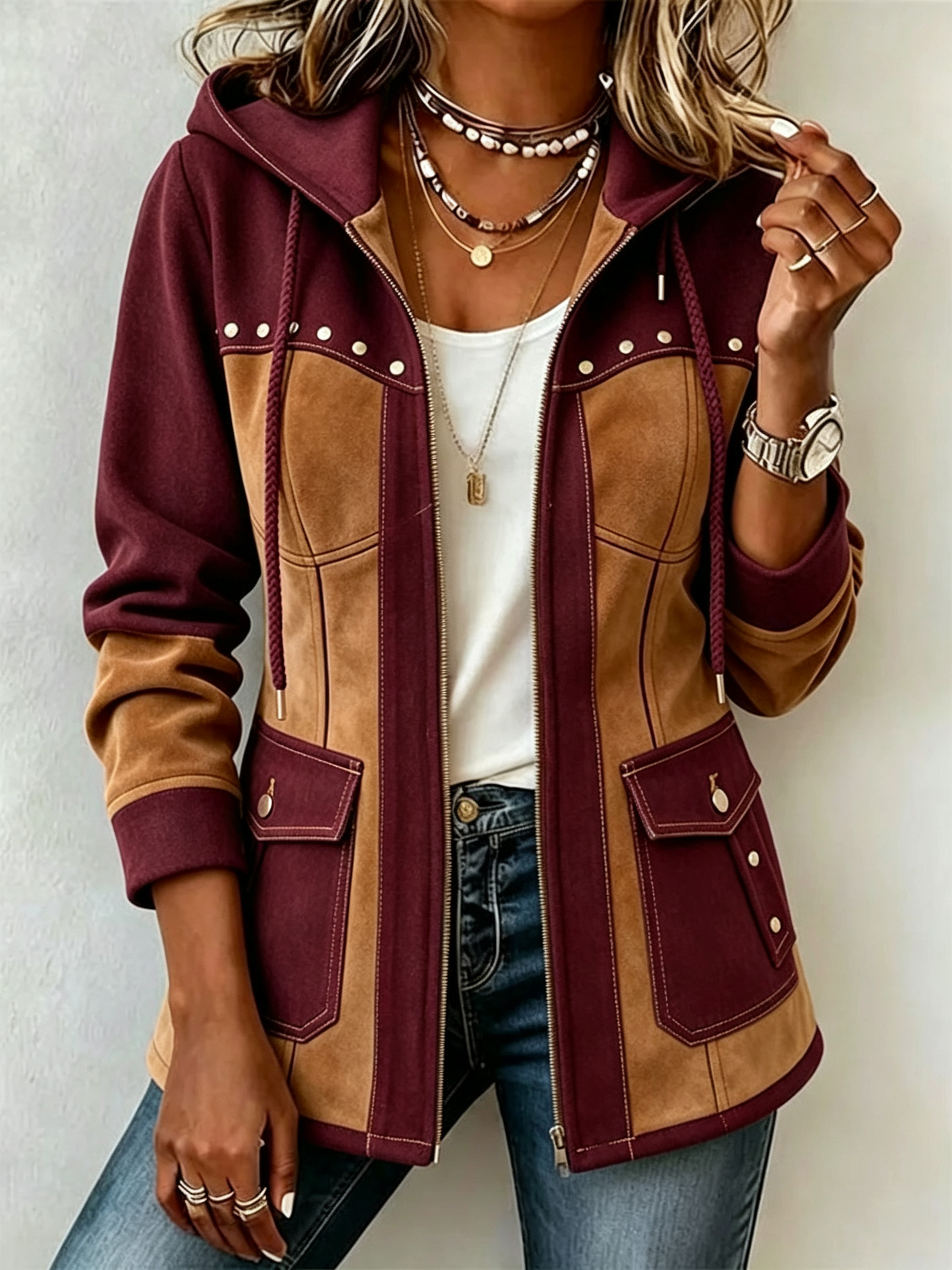 Chic Denim Patchwork Suede Hooded Jacket