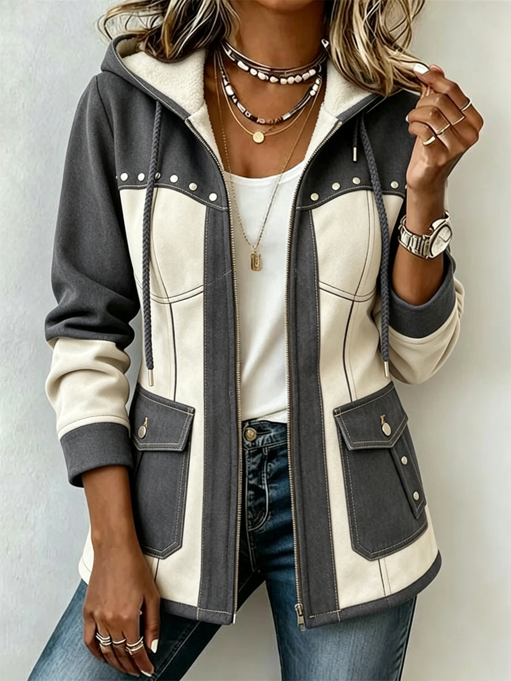 Chic Denim Patchwork Suede Hooded Jacket