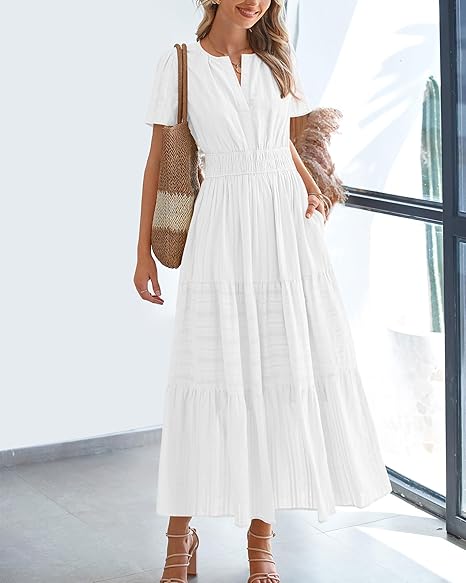 Womens Summer 2026 Casual Midi Maxi Dresses Lightweight Short Sleeve V Neck Elastic Waist Boho Beach Dress Pockets