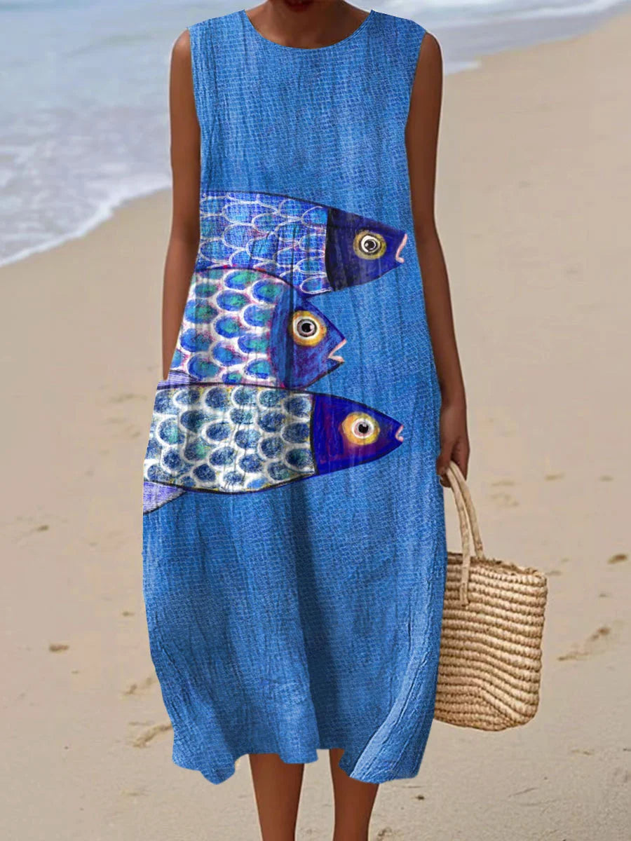 Women's Vintage Fish Art Print Sleeveless Cotton Pocket Wrap Dress