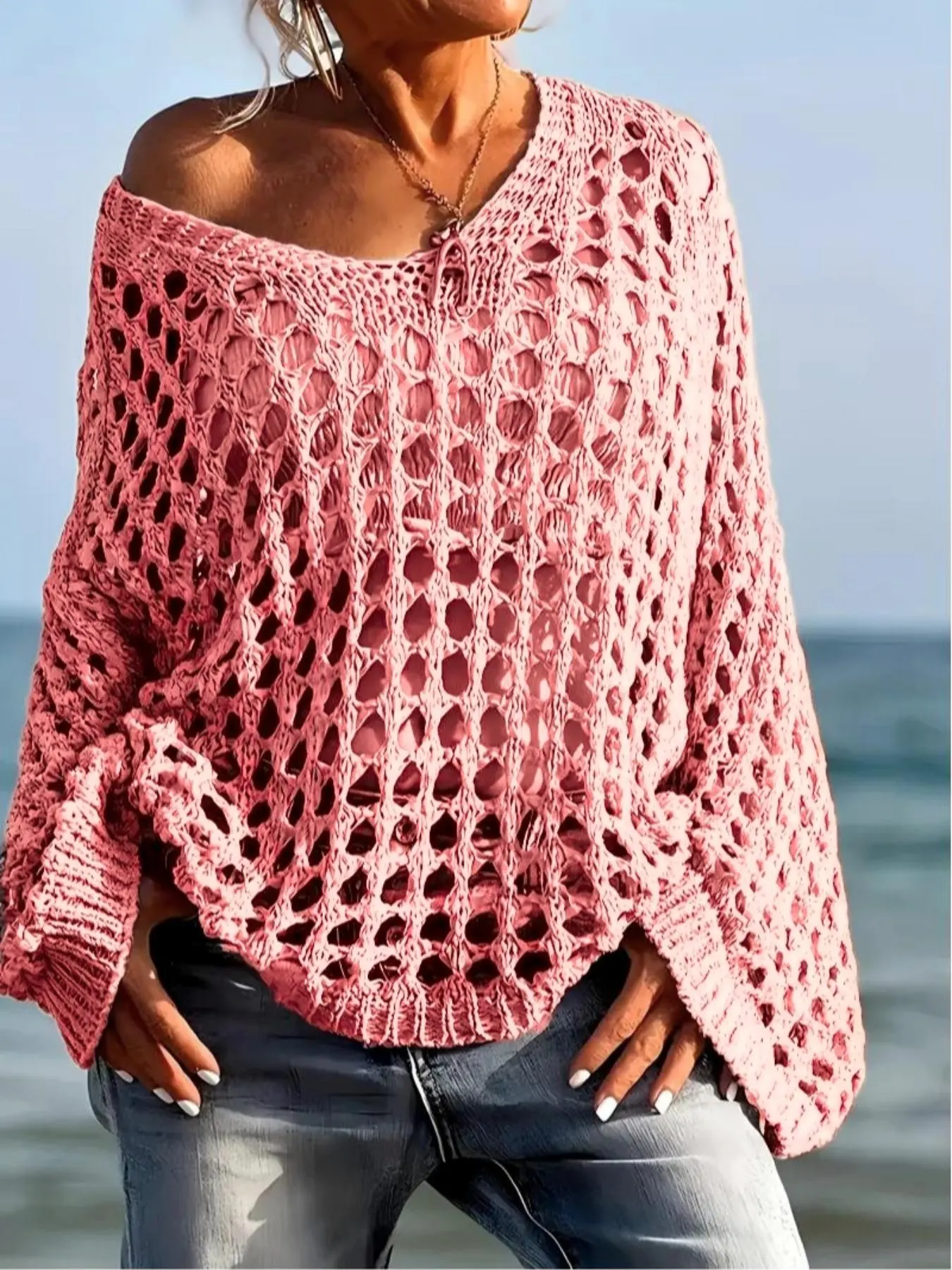 Women's Casual Loose-Fit V Neck Top - Hollow Out Design