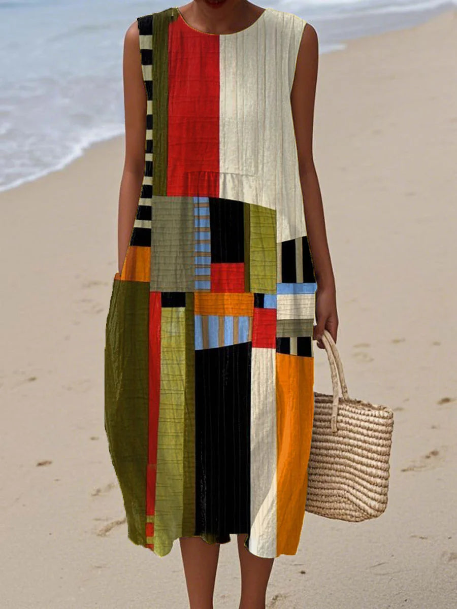 Women's Vintage Abstract Geometric Art Print Sleeveless Cotton Pocket Wrap Dress