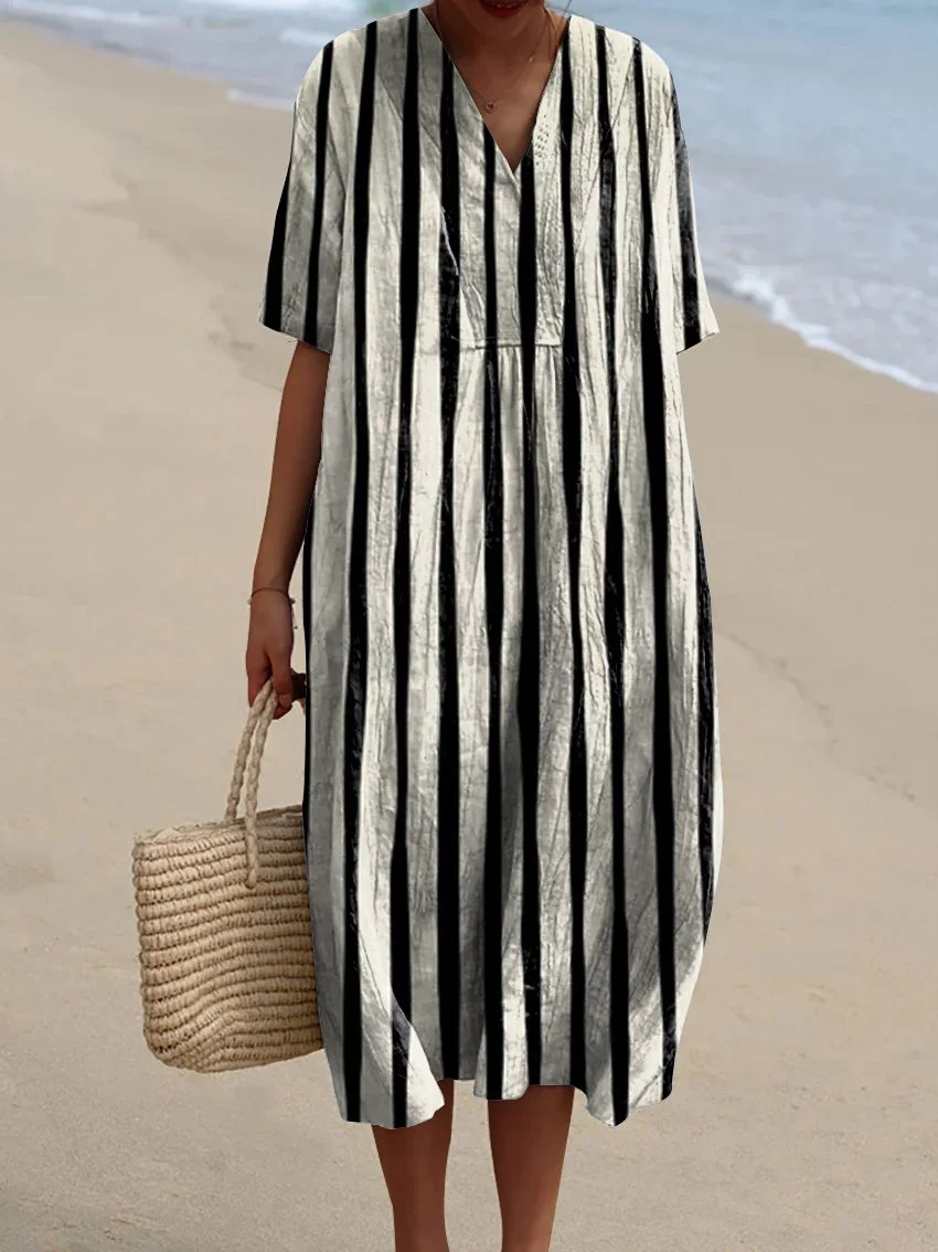 Women's Retro Simple Geometric Lines Watercolor Splash Fluid Art Print Flowy Dress