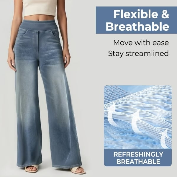 🔥Women's High-Waisted Washed Baggy Wide-Leg Stretchy Knit Jeans with Multiple Pockets – Comfortable Casual Denim