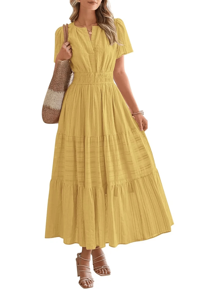 Womens Summer 2026 Casual Midi Maxi Dresses Lightweight Short Sleeve V Neck Elastic Waist Boho Beach Dress Pockets