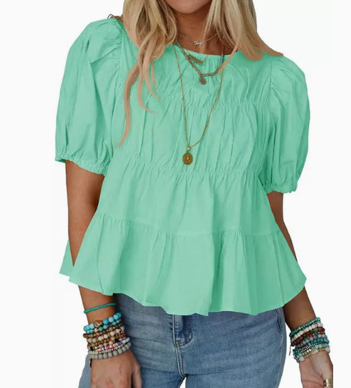 Tiered Round Neck Puff Sleeve Ruched Blouse