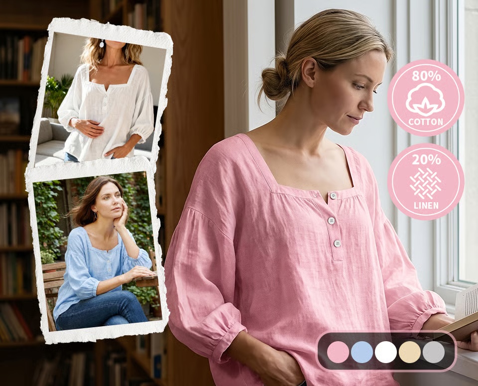 80% Cotton and 20% Linen Square Neck Long-Sleeved Blouse