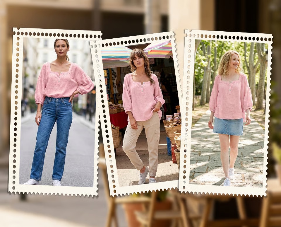80% Cotton and 20% Linen Square Neck Long-Sleeved Blouse