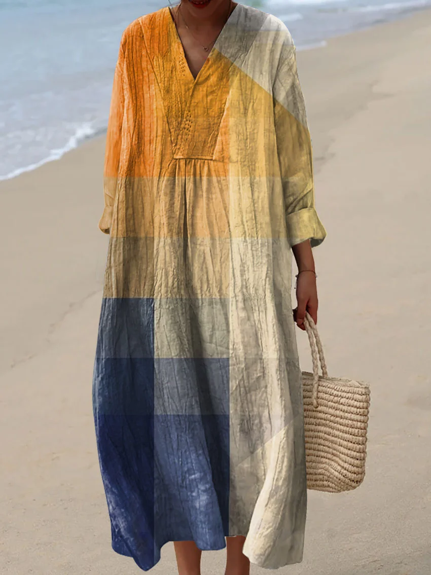 Women's Retro Simple Geometric Lines Watercolor Splash Fluid Art Print Flowy Dress