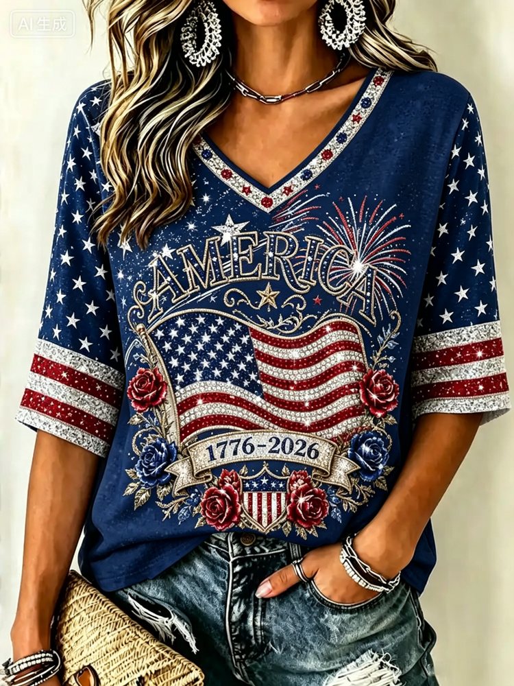 Women's Retro Independence Day Anniversary Print Cotton Linen T-shirt