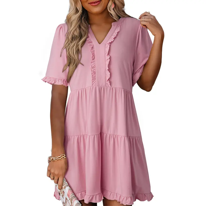 2026 Summer Spring V Neck Ruffle Short Sleeve Casual A-Line Flowy Swing Shift Dress