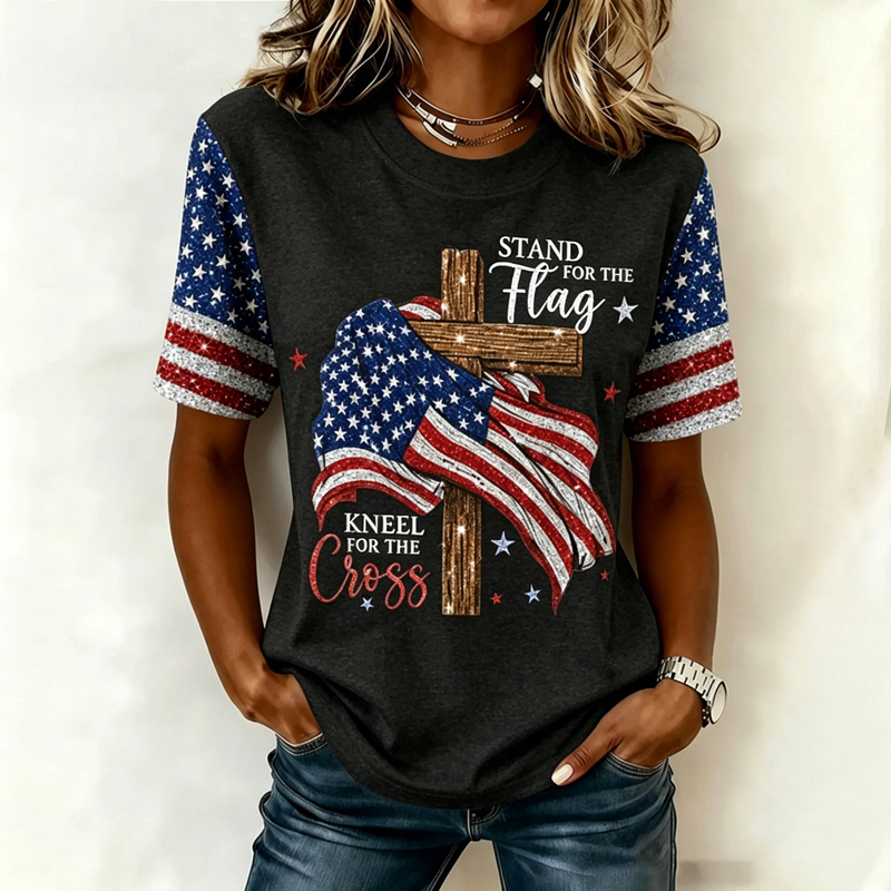 Women's Independence Day Faith Flag Print Crew Neck Short Sleeve T-shirt