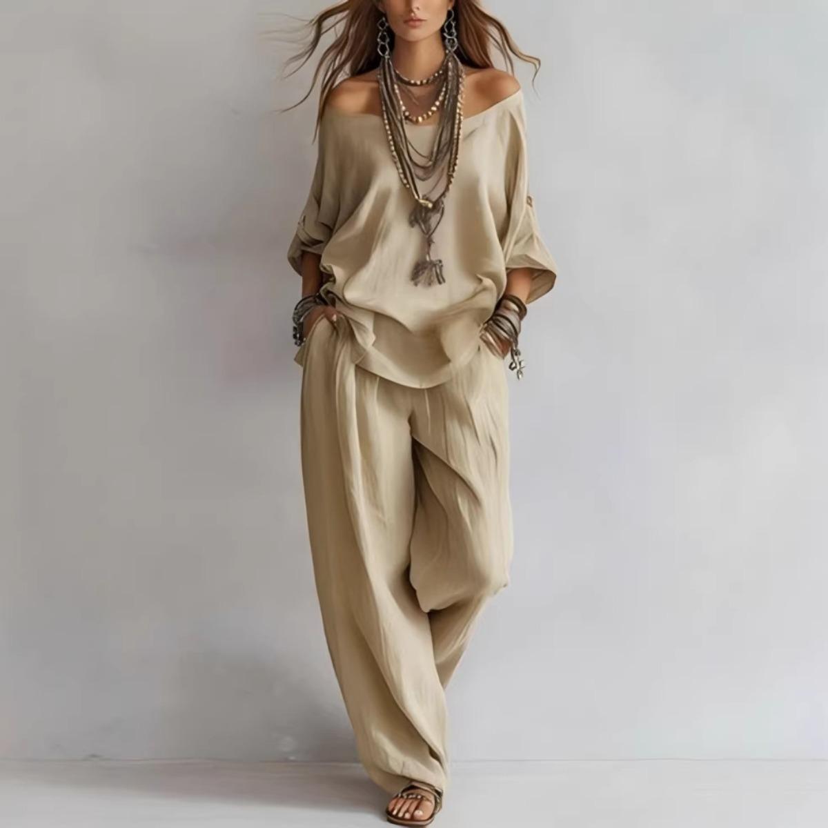 Women's Summer Solid 3/4 Sleeve Tops & Wide Leg Pants Set, Casual Loose Simple Fashion Outfit, Daily Holiday Travel Two Piece Set
