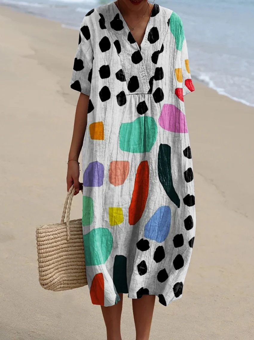 Women's Retro Simple Geometric Lines Watercolor Splash Fluid Art Print Flowy Dress