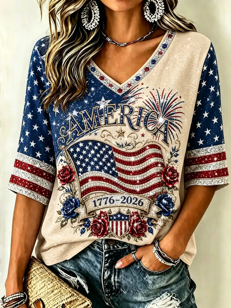 Women's Retro Independence Day Anniversary Print Cotton Linen T-shirt
