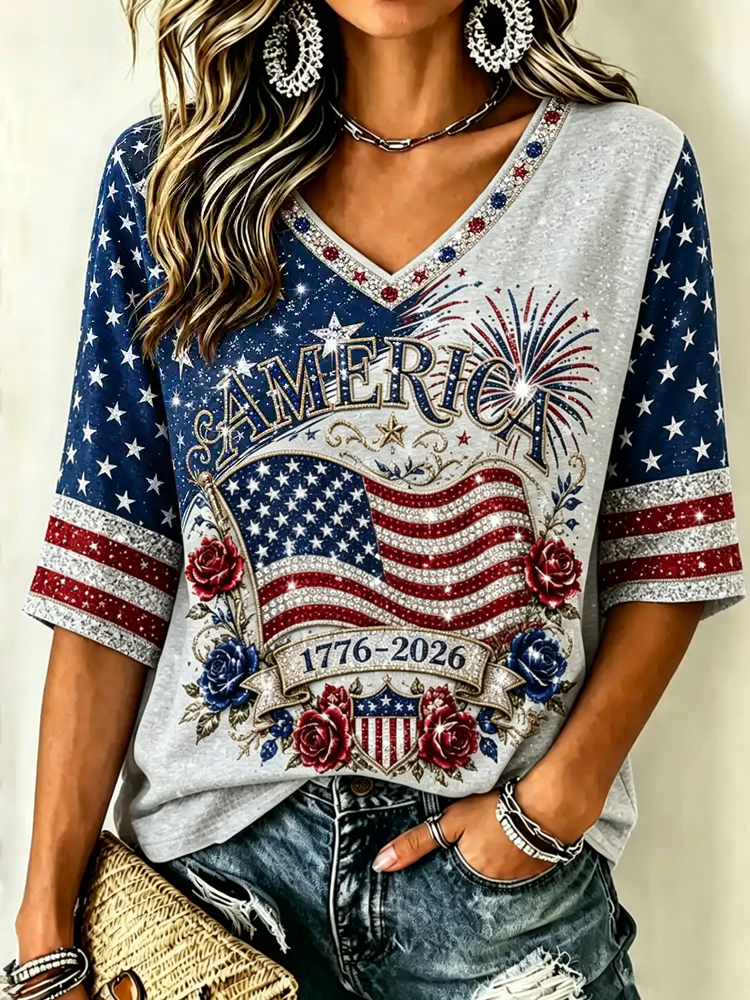 Women's Retro Independence Day Anniversary Print Cotton Linen T-shirt