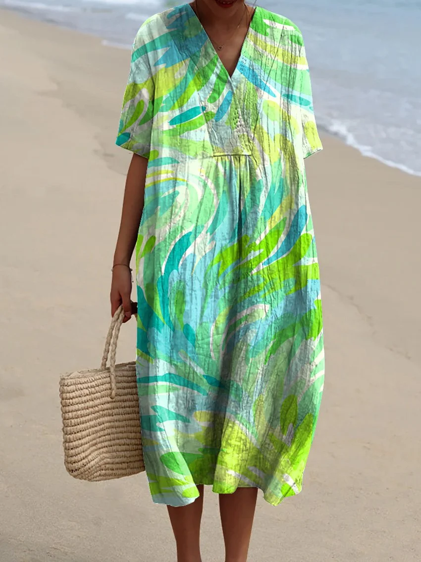 Women's Retro Simple Geometric Lines Watercolor Splash Fluid Art Print Flowy Dress