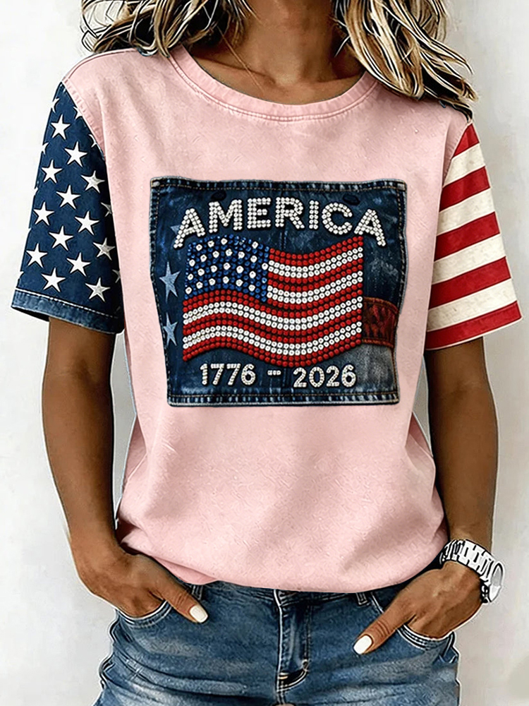 Women's Retro Independence Day Flag Printed T-shirt