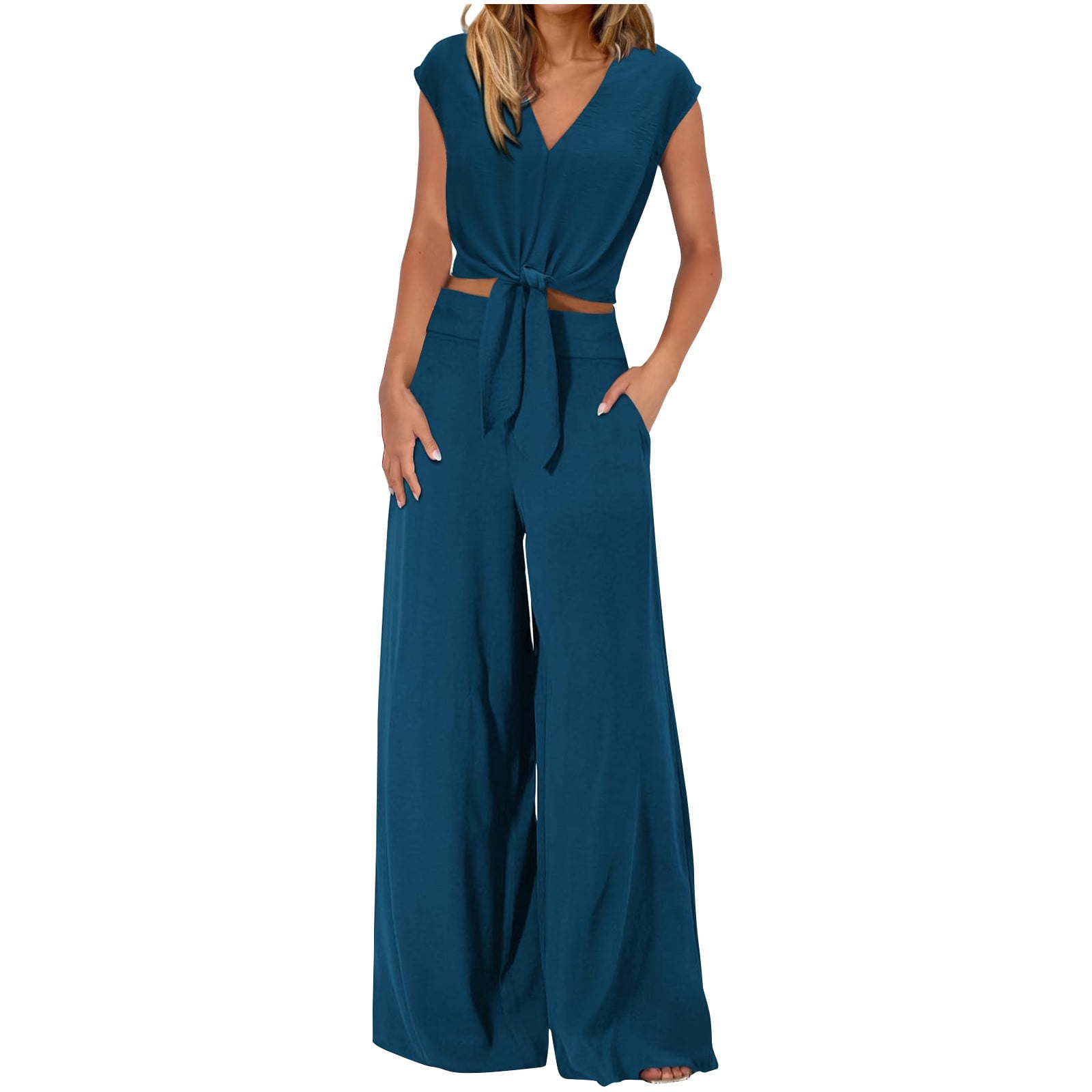 Homenesgenics 2 Piece Outfit for Women Plus Size Women's Casual V-Neck Long Sleeved Lace Up Exposed Navel Top Wide Leg Pants Set Brown M