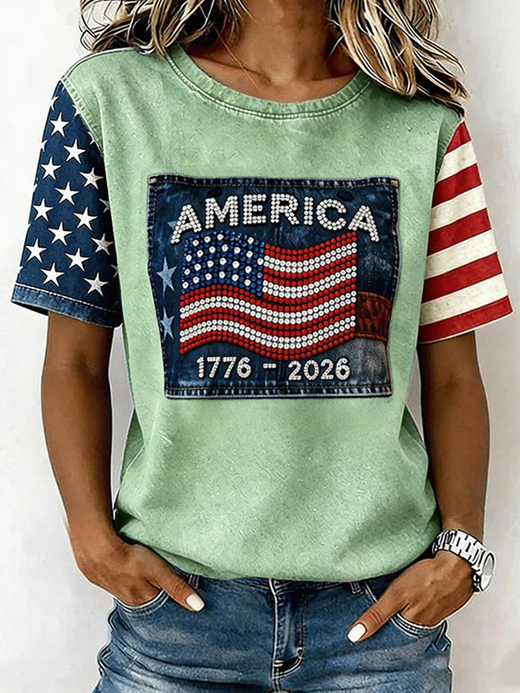 Women's Retro Independence Day Flag Printed T-shirt