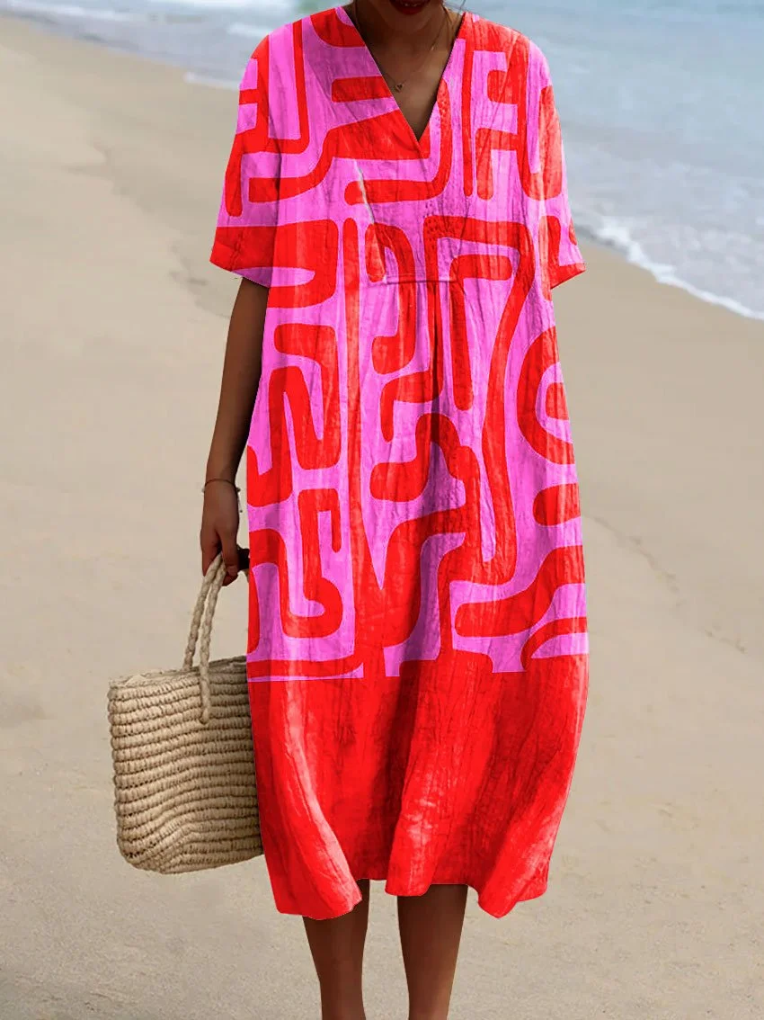 Women's Retro Simple Geometric Lines Watercolor Splash Fluid Art Print Flowy Dress